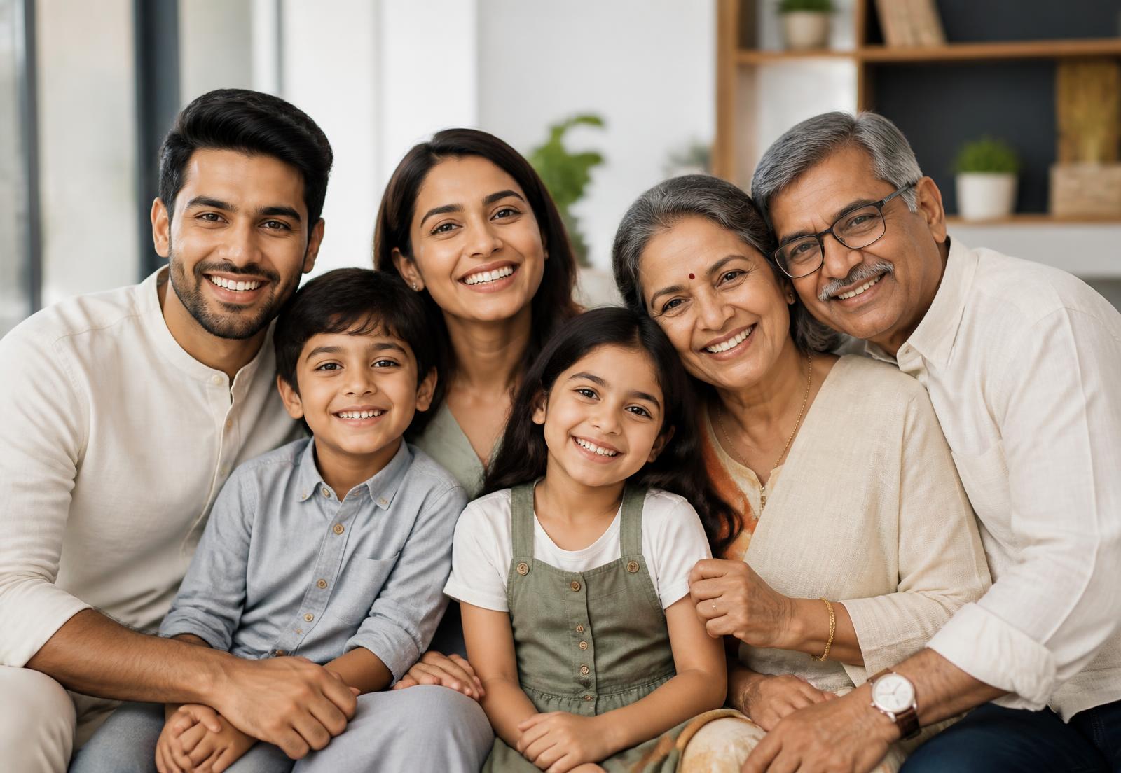 Indian family of three generations smiling together at home